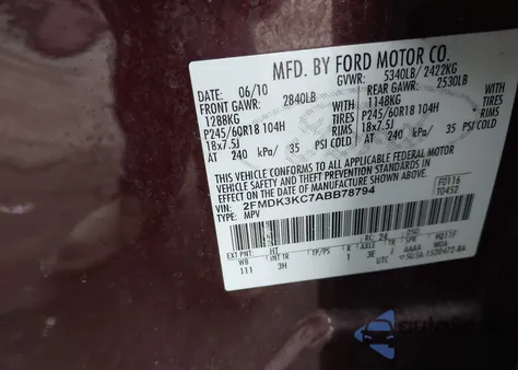 2010 Ford Edge Limited z USA, uszkodzony, nr VIN 2FMDK3KC7ABB78794